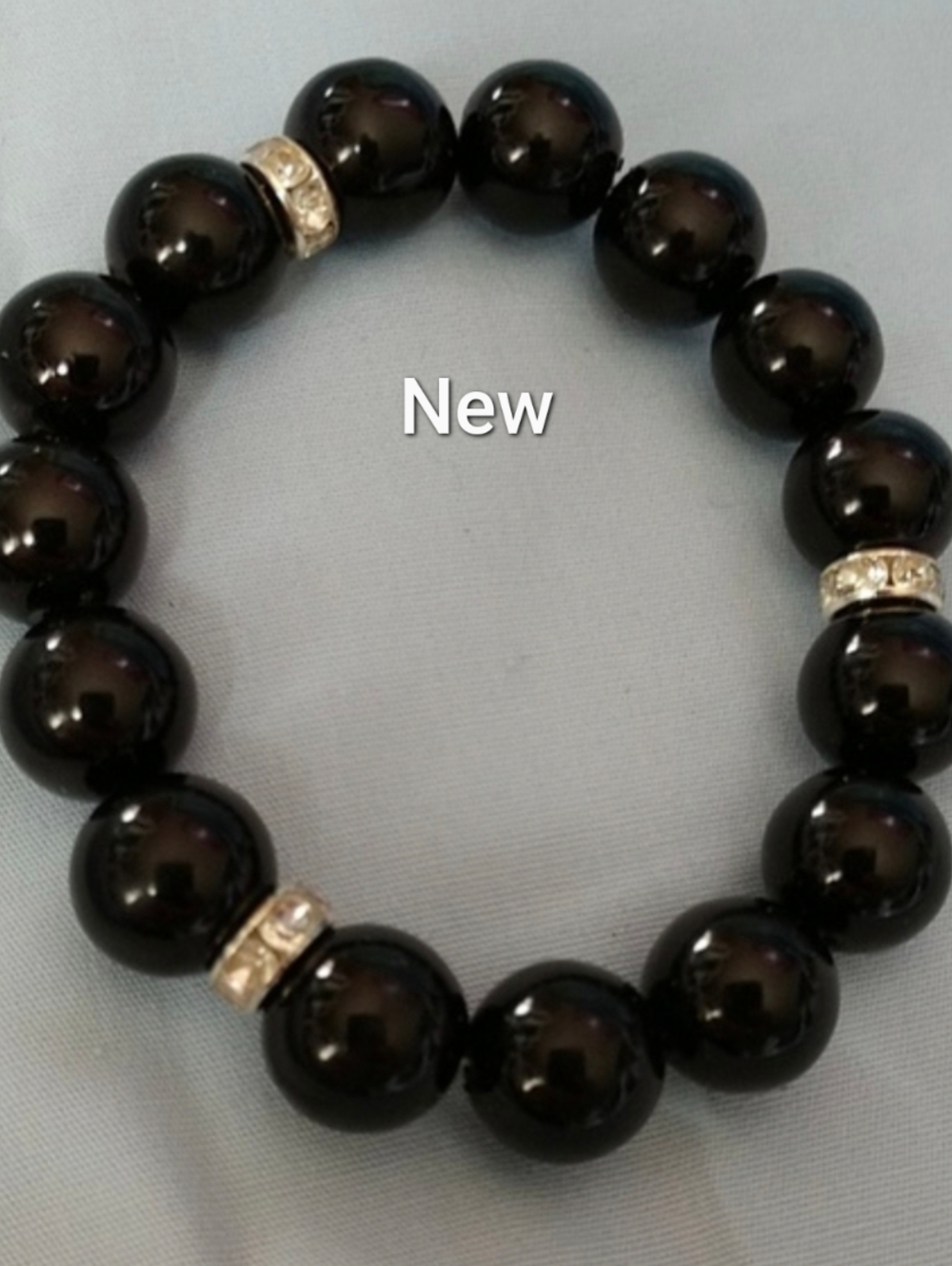 Black Glass Beads w/Crystal Rhinestones Bracelet NWT